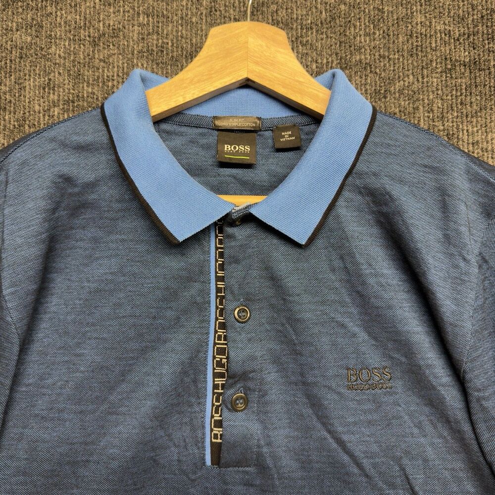 BOSS Hugo Boss Paule 4 Men Slim Fit Polo Shirt Blue Pima Cotton Piqué Size L